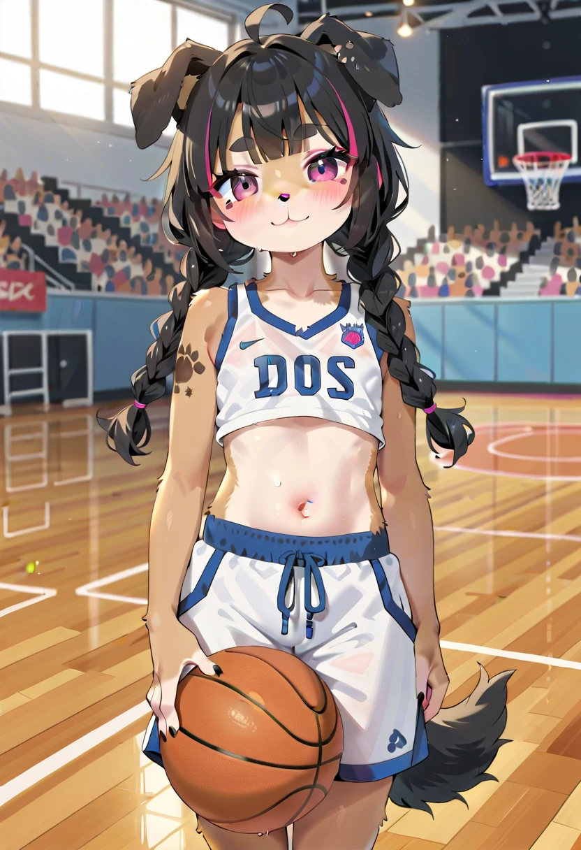 masterpiece, high resolution, best quality, baby body, baby height, flat chest, baby face, furry doggirl playing basketball, sportswear, dog ears, dog tail, fluffy fur, multicolored hair, twin braids, piercing, makeup, tattoo, public