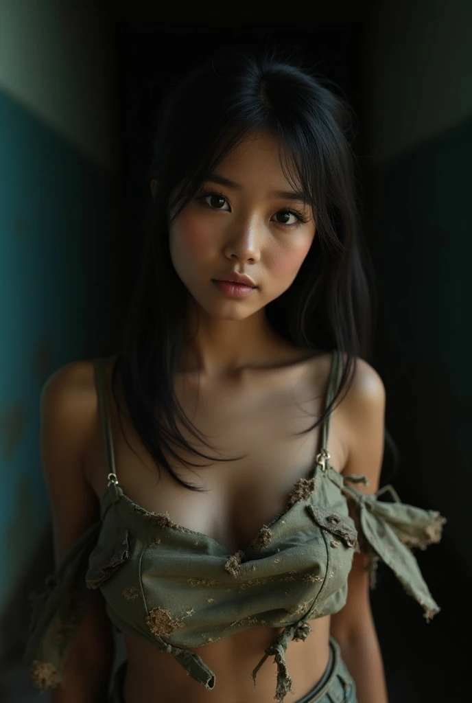 ((best quality)), ((masterpiece)), (detailed), 8k, 1girl, (solo, full body photo:1.3) slim, age girl, (13yo), (McKenna Grace:1.3), long dark hair, skinny, runner's body, flat chested, vagina, artful nudity, high detail face, high detail skin, seductive expression, perfect body, (perfect proportions), (adolescent body proportions:1.3), and background with scattered ruins, high quality, (masterpiece), (realistic photo), intricately detailed, 8k, HDR, shallow depth of field, wide light, high contrast, backlight, sharp focus, RAW color photo, looking at the camera, dancing, bending over, spreading her legs, leg up, dancing, standing splits, lying down, standing, standing obediently, teasing, action, motion. Multiple poses, vivid colors, in the style of Fallout 4, various points of view.