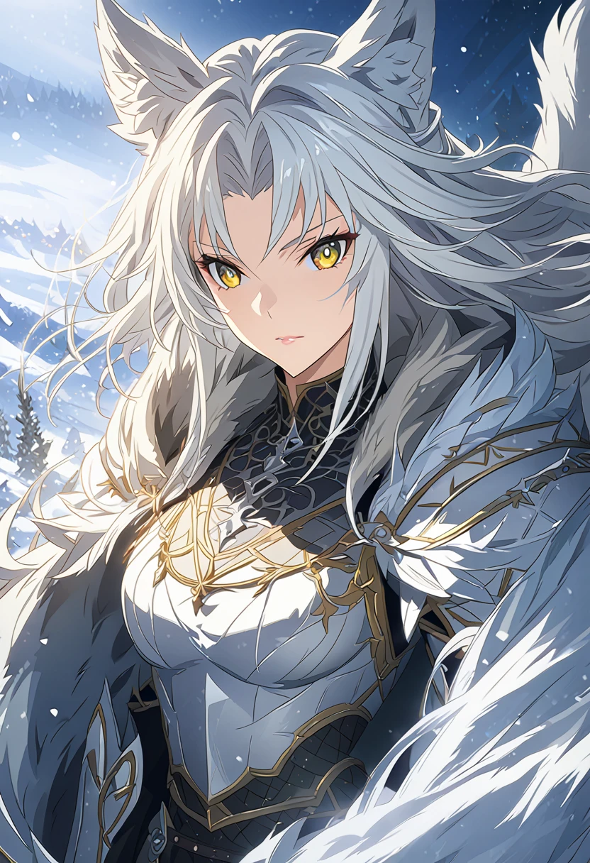 beautiful anime woman in knight armor, wolf ears, wolf tail, half wolf and half human, yellow eye color, white hair, light novel art, detailed anime art, 4k, anime, cute confident expression, warrior, cool, snow, pretty, warrior princess, elegant, regal, royal, sexy, 4k, close up shot, detailed, 