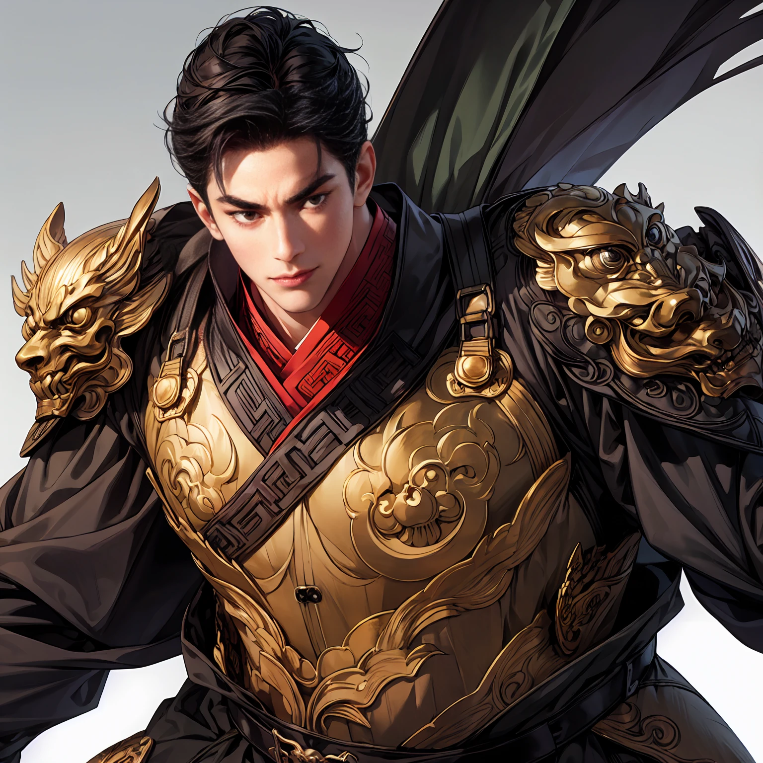 (Best Quality,4K,8k, Hi-Res,masterpiece:1.2),Super detailed,(Realistic,photoRealistic,photo-Realistic:1.37),1 person,3, mature male ,とても handsomeな,No facial expression,smile,Short gray-black hair,perfect eyes, handsome, ancient chinese armor、 perfect face with no errors,Intimidating posture, slender:1.2, Ancient Chinese Generals ,Office Background, Movie Lighting,HDR images, cowboy shots:1.3, from below, worm's eye view:1.1, white background:1.3,simple background:1.2