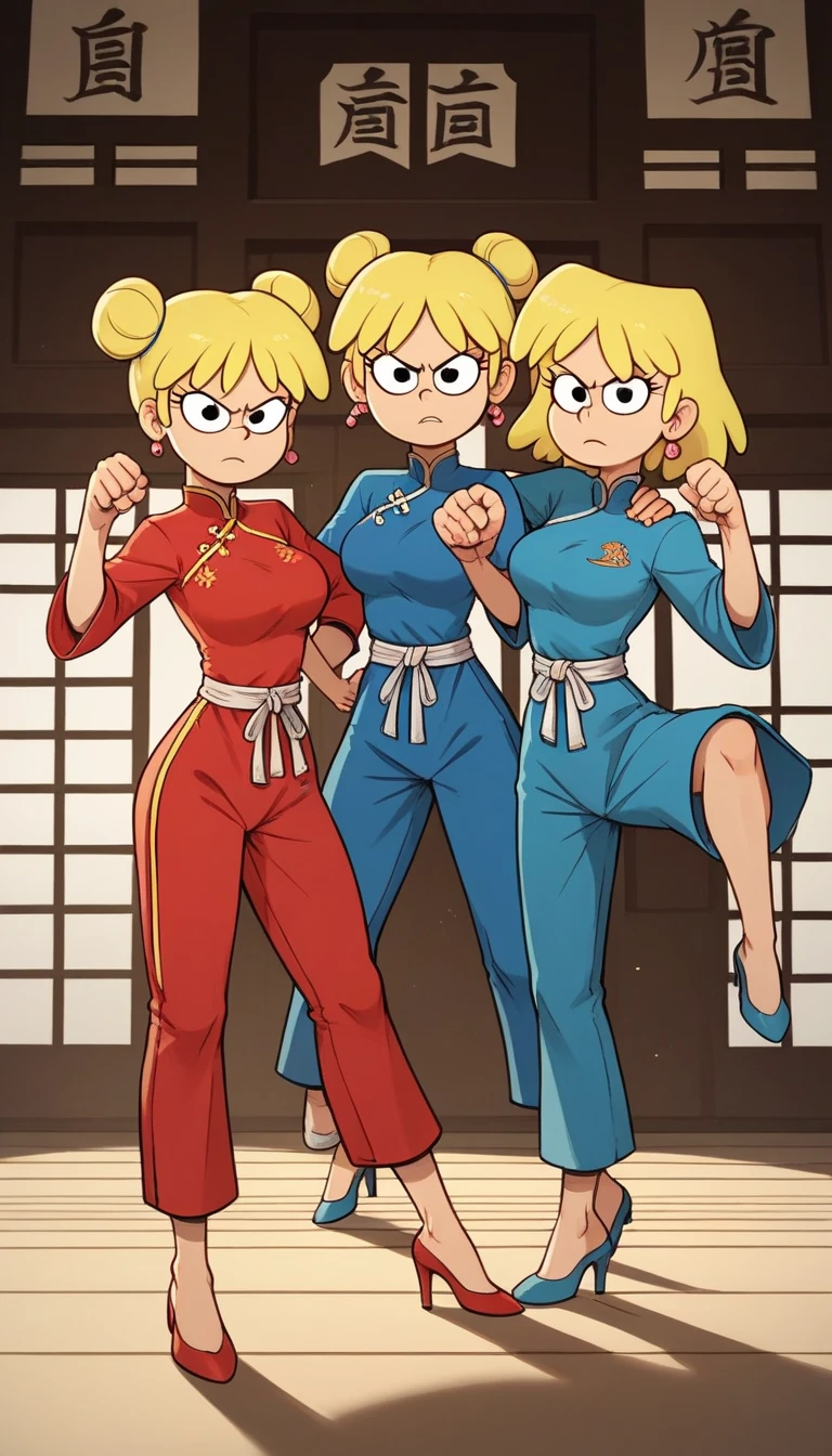 lori loud, 3girl, trio, 24yo girl, blue cheongsam,  inside of a chinese style temple, large breasts, looking at viewer, blonde hair, short hair, two hair buns , hands  score_9, score_8_up, score_7_up, high heels,teep fighting stance,martial arts, long pants, triplets