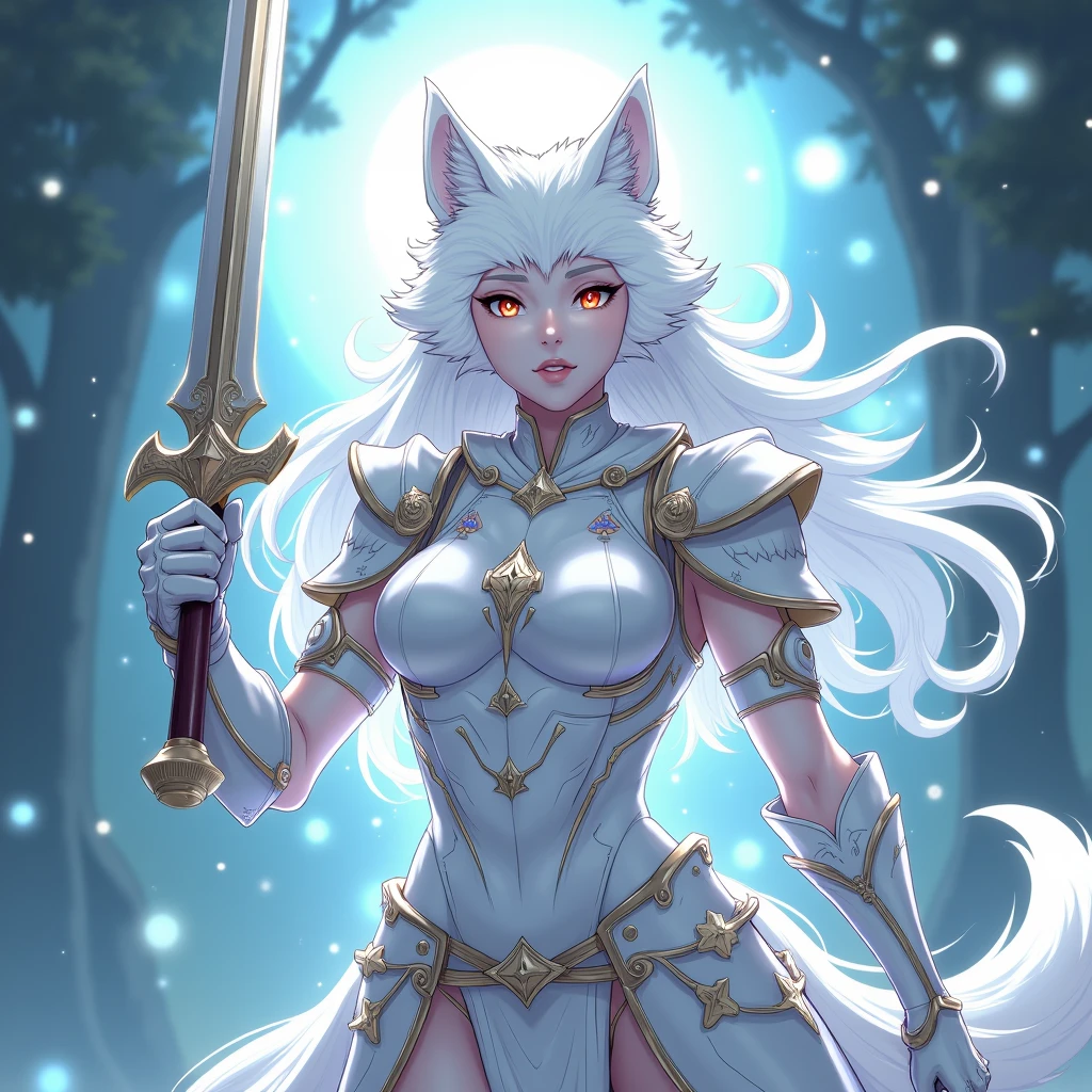 In the background there is a painting of a cat with a sword and a star, long haired humanoid fursona, neferpitou, Furry art!!!, White Cat Girl, elokitty, fursona art, cattie - brie of mithril hall, fursona!!!!, silver eyes full body, anime catgirl, female fursona