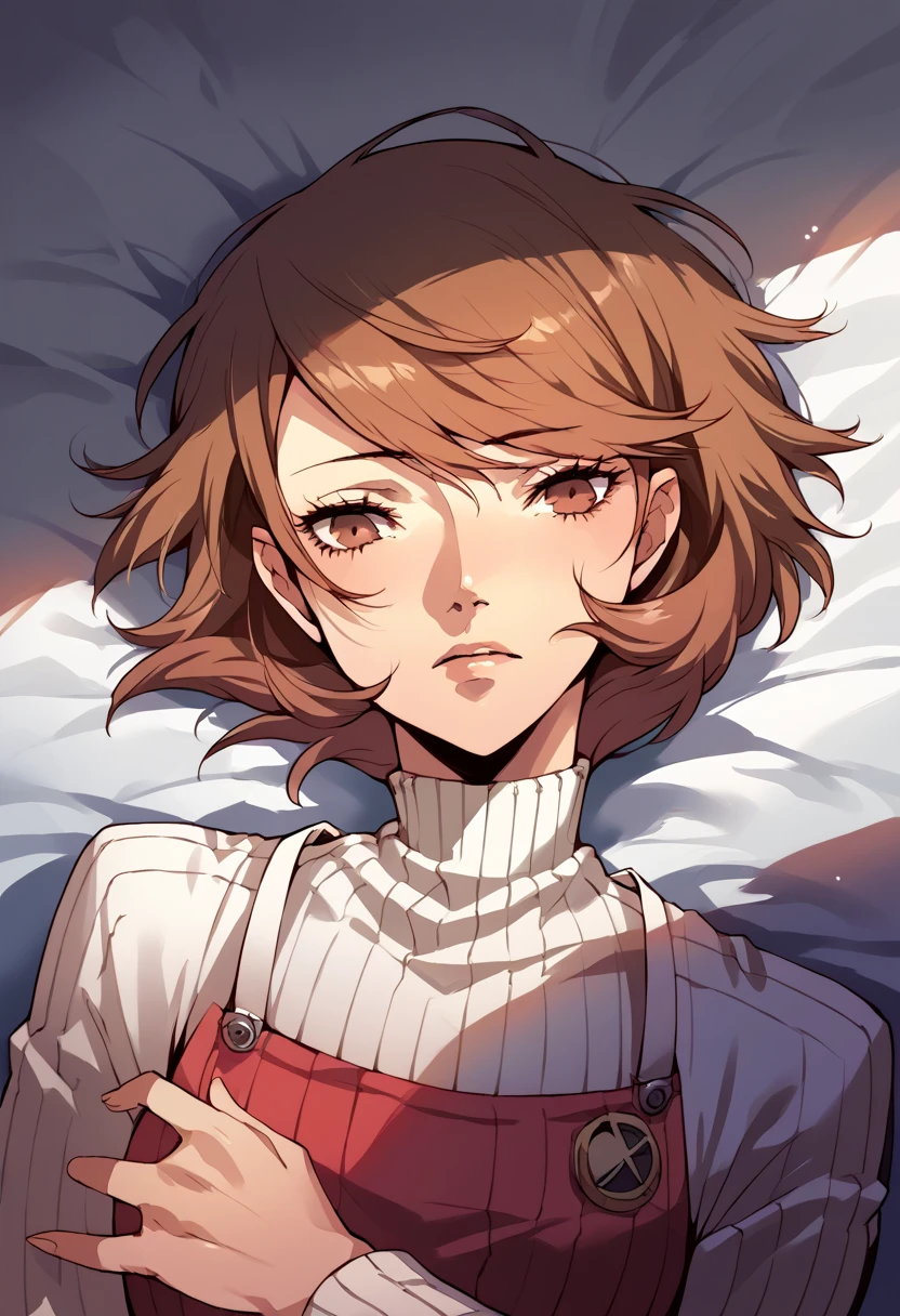 yukari takeba, person 3, beautiful, Depressed short brown hair, lying down