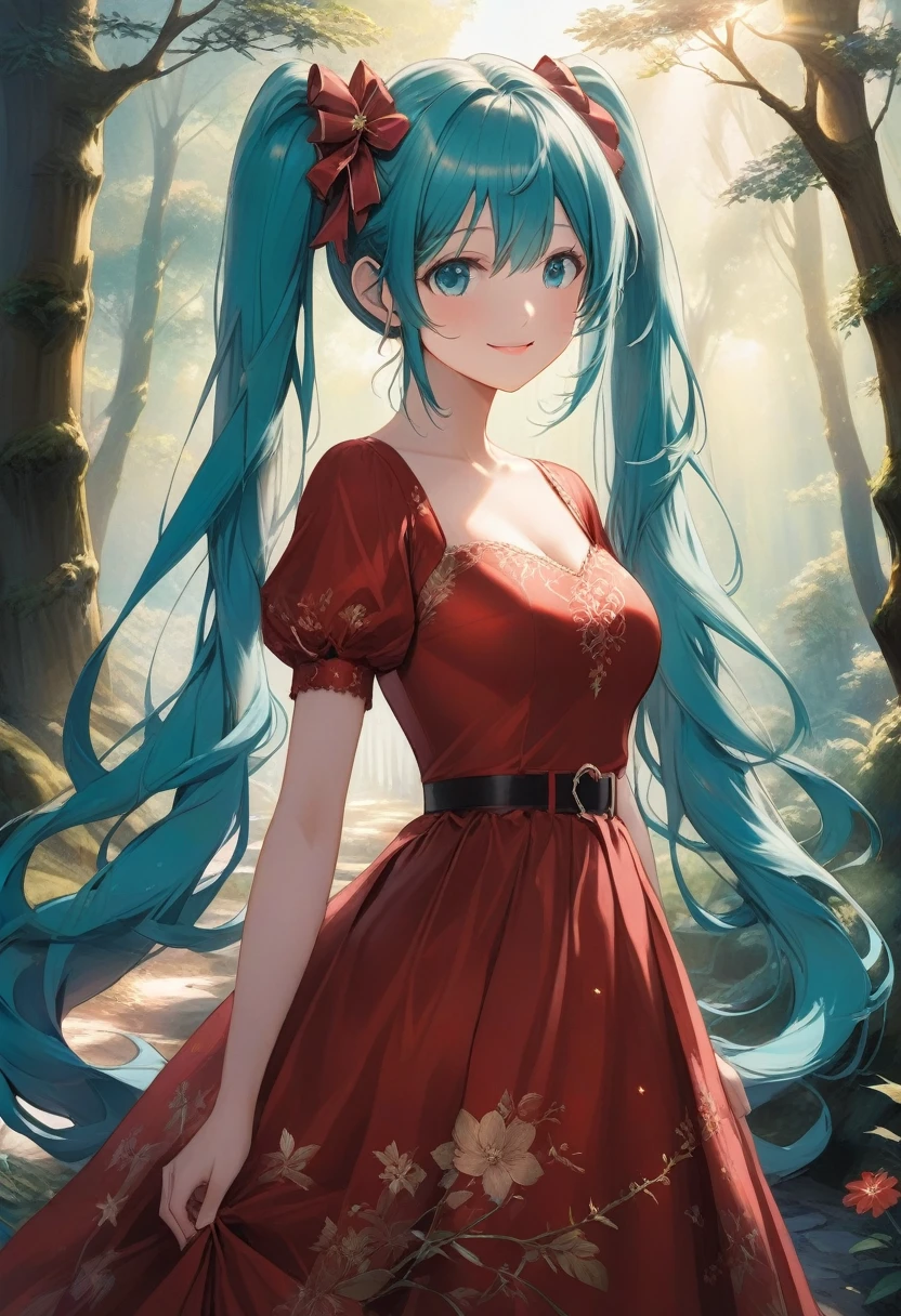 (masterpiece、highest quality、highest quality、Official Art、Beautiful and beautiful:1.2)、(One girl:1.3)Hatsune Miku、Twin tails,Beautiful breasts,(Best image quality, masterpiece:1.2), (Ultra high definition illustration), (Very beautiful mature queen:1.3), (Gorgeous sleeveless queen red dress with roses:1.3), Underarm, Mean face, Wicked Smile,