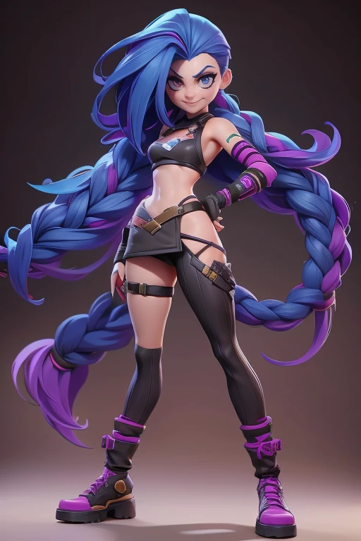 Q version of League of Legends Jinx figure, wearing only an apron over bare skin, buttocks and thighs visible, standing with one hand on hip and legs spread apart, full-length view,