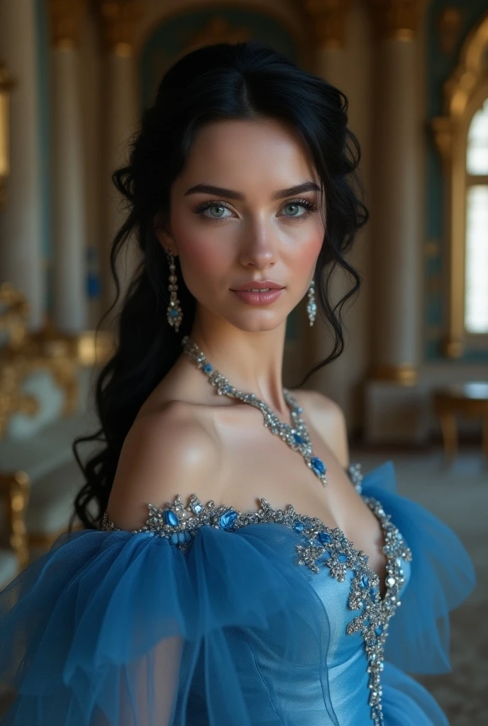 woman, black hair, elegant hairstyle, large bust, princess dress, decorated blue dress, looking at the camera, photorealistic