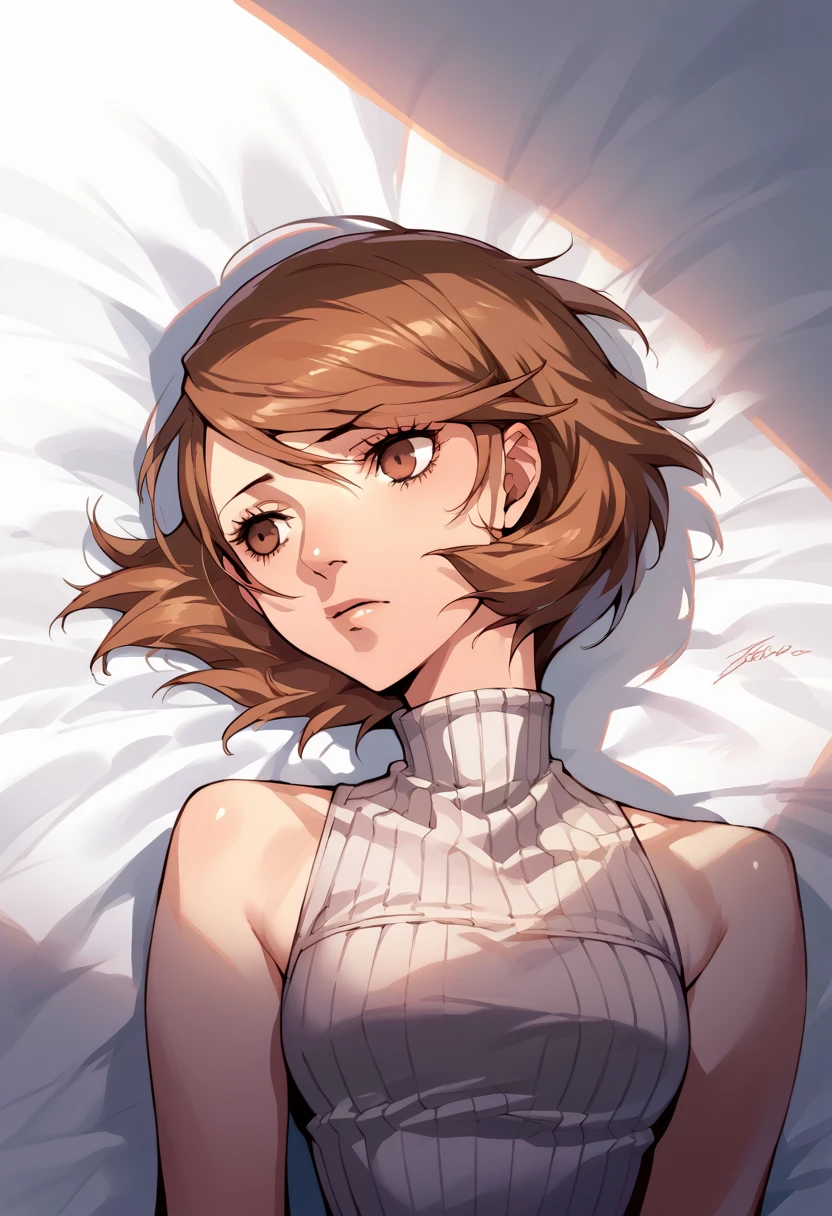 yukari takeba, person 3, beautiful, Depressed short brown hair, lying down,  opening the legs 