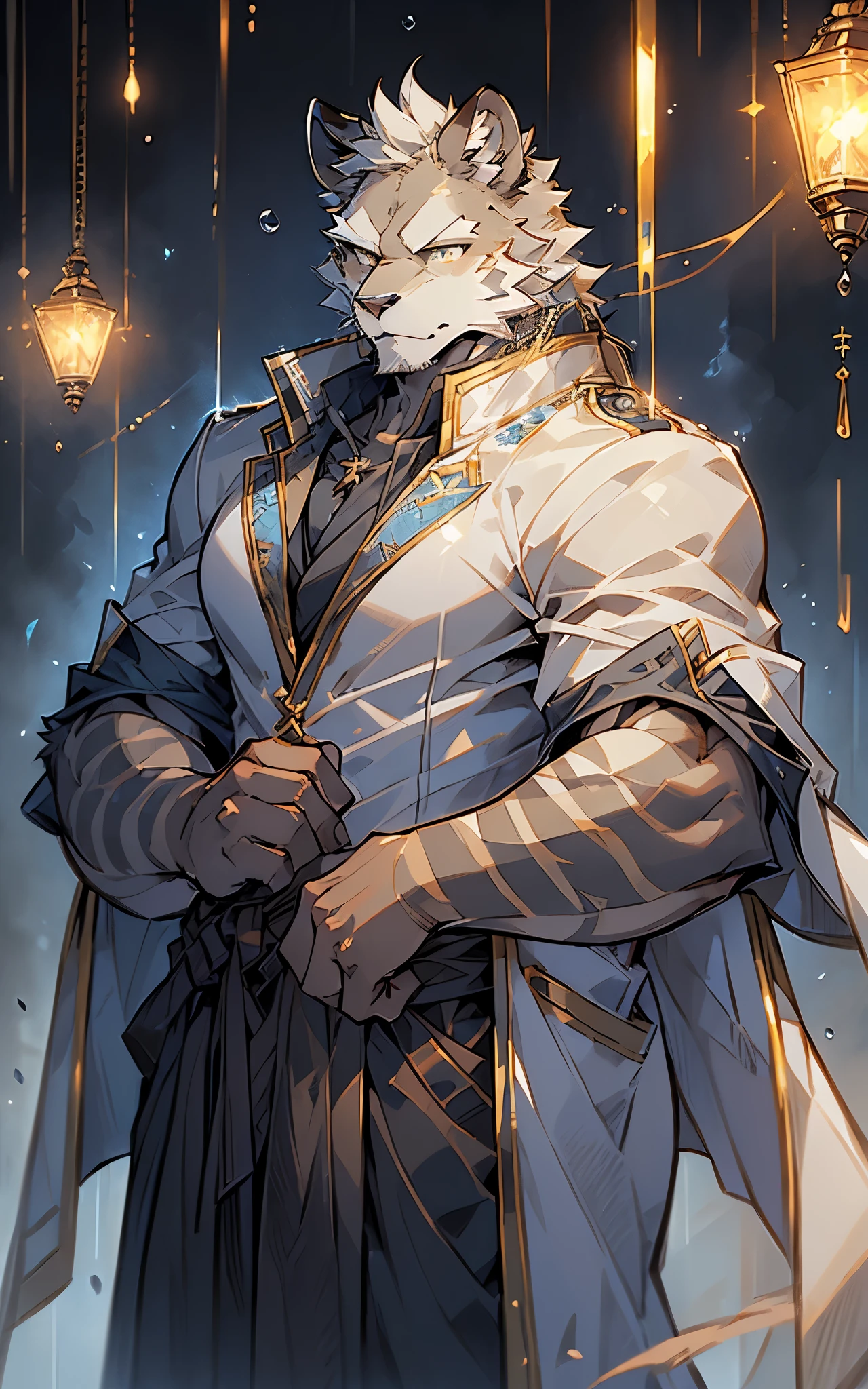 (( best quality)), ((masterpiece)), ( detailed), Perfect face,solitary,Wildlife,night,fantasy,rain,Thunder and Lightning,Beige fur , black stripes, anthropomorphic lion . wears a robe that fits his muscles , wears a long blue cape on his shoulders. golden eyes,magic,The hooded wizard