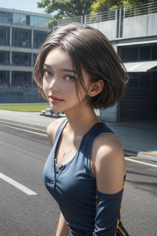 1girl,upper body,(masterpiece, best quality),RAW photo,16k wallpaper,extremely detailed CG,amazing,ultra detailed,hyperrealistic,official art,High quality texture,incredibly absurdres,highres,,cute girl,beautiful face,detailed large green eyes,short hair,racing2014,looking_at_viewer,standing,outdoors,smile,day,simple background,blue sky,sky,racing circuit,close-up,racing car,