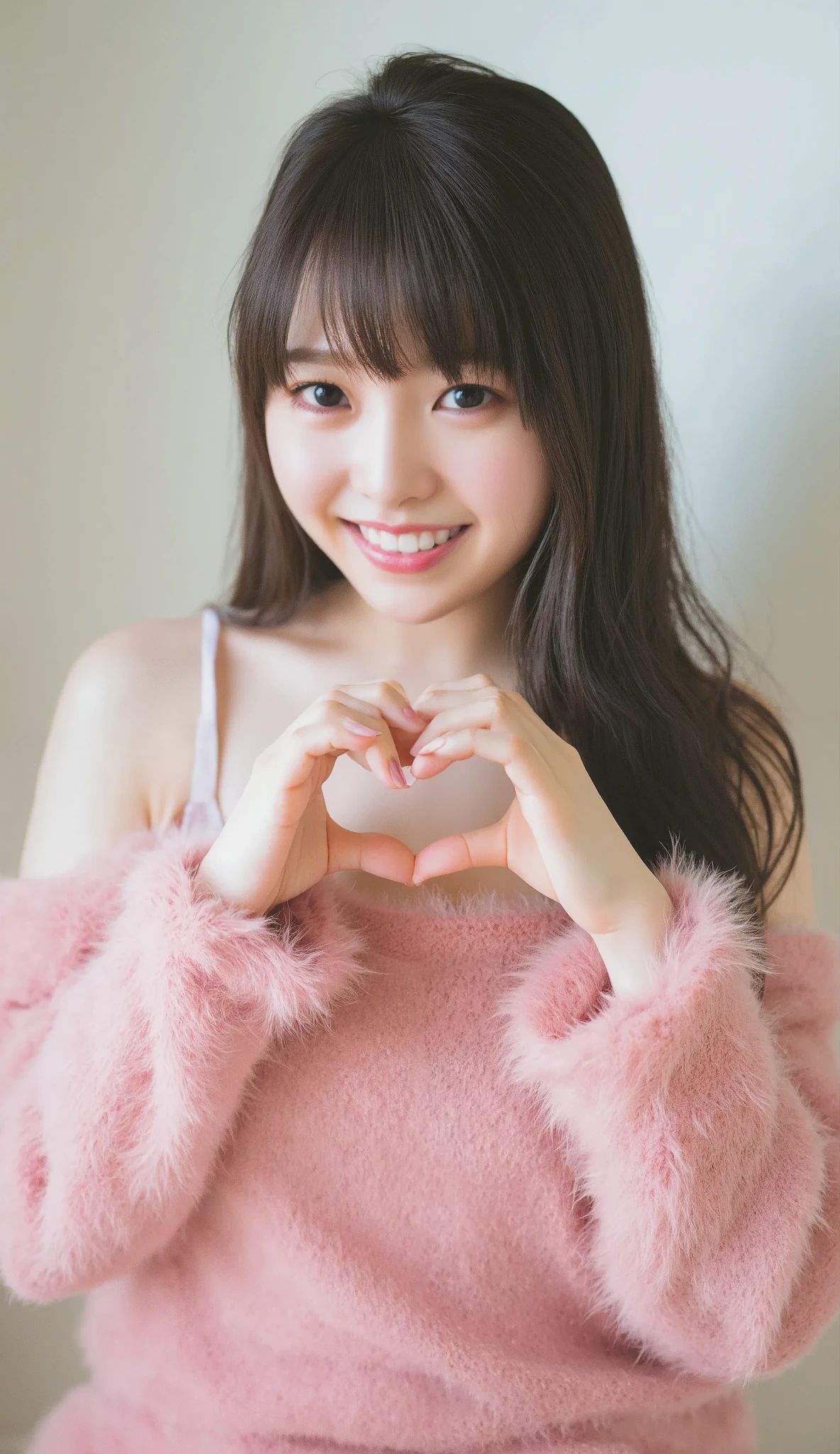 Only one woman with a cute smile wears cute, fluffy off-shoulder pajamas, makes a big heart shape with both hands, and poses them in front of her chest, View above collarbone、The background is a monotone 

