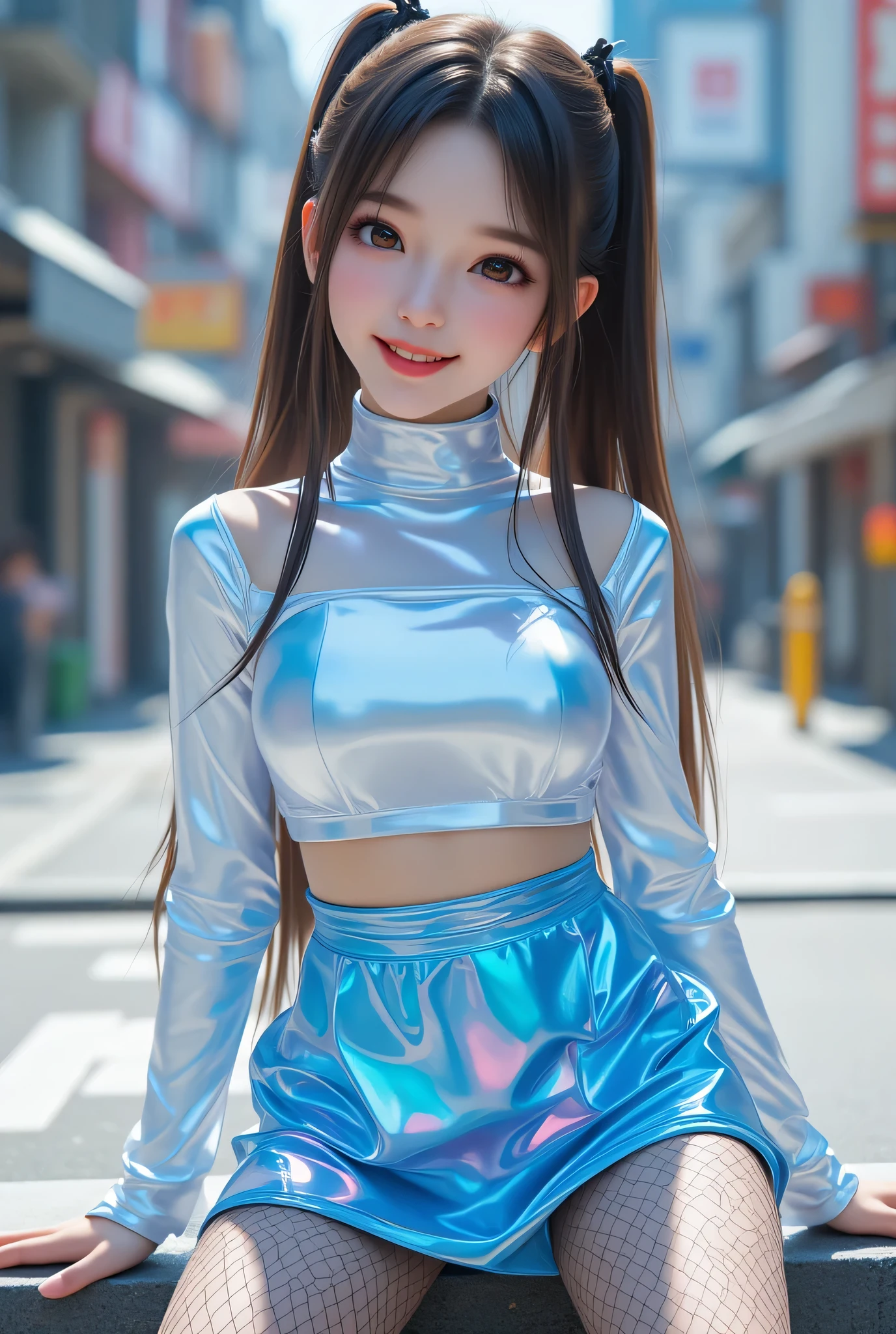 (super cute young face:1.1),(sparkling clear attractive large glowing eyes:1.1), (japanese idol face:1.1),very beautiful cute girl,(:1.2),(thirteen uisite smooth and silky long brown straight hair,fair skin,(happy cheerful smile),professional portrait,
(lower body Super Shiny metallic blue tight mini skirt:1.1),
(upper body Super shiny metallic white holographic fashionable long sleeves tops:1.5)
narrow waist,in the street,(costume with very smooth and mirror-like strong reflective surfaces:1.1),(black large fishnets pantyhorse:1.2),beautiful knees