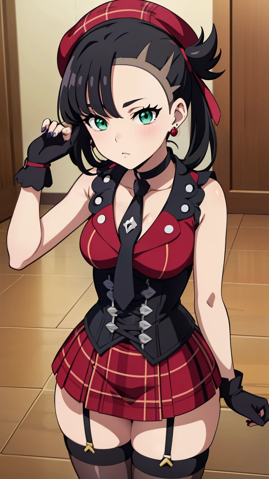 Marnie Pokemon, Marnie \(Pokemon\), blue-green eyes, green eyes, black hair, medium hair, asymmetrical bangs, black choker, red hair ribbon, earrings, black nail polish, medium breasted, (masterpiece, highest quality, highly detailed, 8k:1.2),Perfect eyes, detailed eyes, 
Ecchi anime style, anime girl, Ecchi style, digital anime art, anime style, official artwork, visual novel CG, beautiful anime girl, anime style 4K, (beret, purple headwear, plaid, black necktie, sleeveless dress, corset, arm strap, black gloves, black thighhighs, striped thighhighs, garter straps),