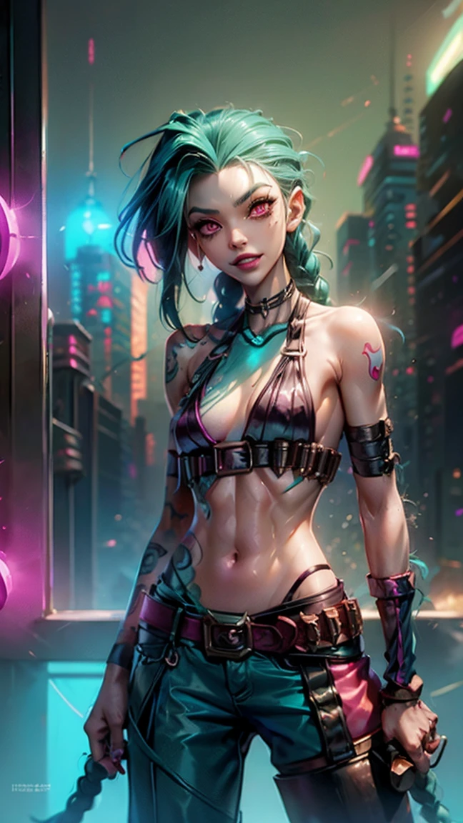 The secret of bad luck, uma mulher com Green hair e tatuagens,  cyberpunk female anime female , pants,  beautiful angry cyberpunk goddess ,  cyberpunk art style ,  cyberpunk anime digital art , Cyberpunk Anime Art, Arcane Jinx Retrato, Cyberpunk Anime Art,  Cyberpunk Themed Art , cyberpunk dark fantasy , Arcane风格,  1 girl at home,  star tattoo  on arm, Asymmetrical bangs, Scope , Green hair,  green braids , Brown shirt,  star tattoo , sideways, Green hair, Long hair,  Pink Eyes , Red lips,  to a standing , Cloud Tattoos , Double braid. Arcane Jinx. Garota de Green hair, garota de Double braid, Jinx in a burning place, spark, Light Ball, Movie Posters, Jinx, Arcane\(League of Legends\rocket bucket ， rocket，