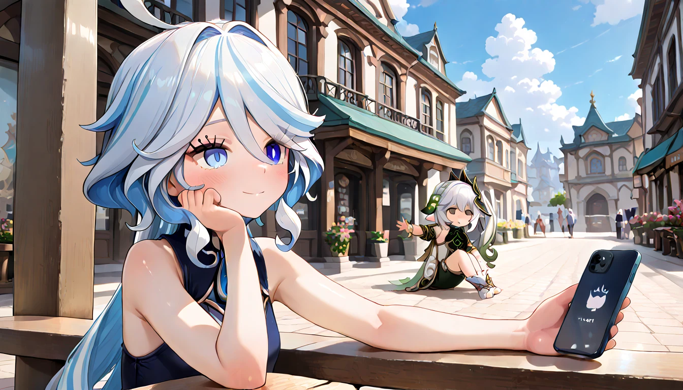 ((top quality)),((masterpiece)),((perfect face)),(ultra-detailed),ultra high res, 8k, 2girls, furina (genshin impact), nahida (genshin impact), city, phone, white hair, exquisite, (very aesthetic:1.2), (absurdres:1.2), (detailed background),newest, perfect anatomy,