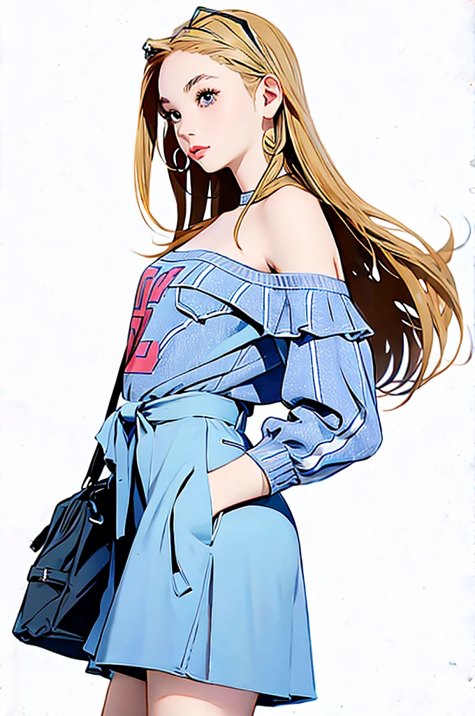  Masterpiece、 high quality,1  girl,girl, high school students、Perfect Portrait 、Open the center of your lips,blonde braids、front view,stand,cropped off-shoulder sweater, miniskirt、No background