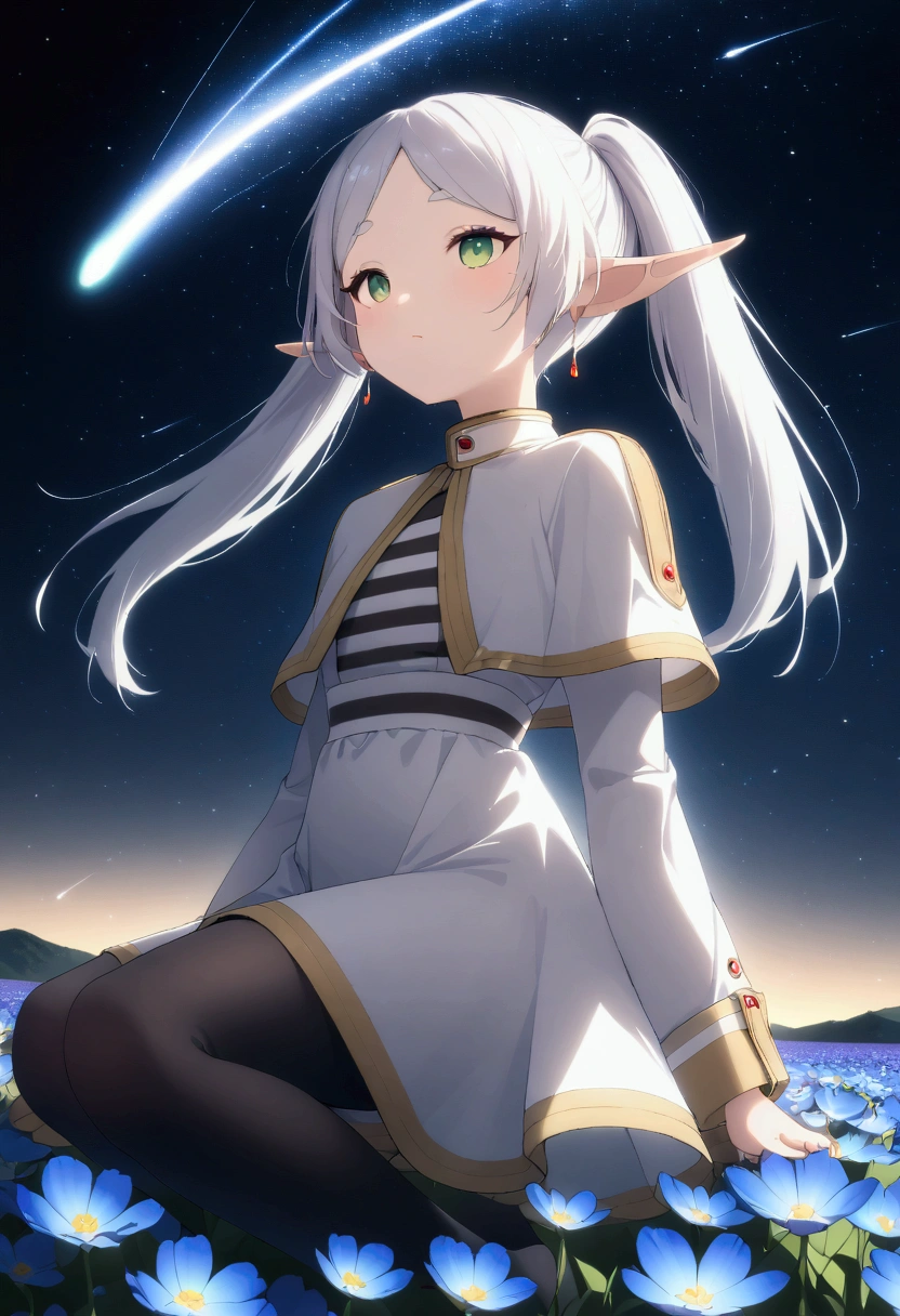  High image quality 、masterpiece、   high quality、Full HD、4K、 standing、Looking Back、 one girl sitting on the ground 、 Funeral Freelen、 Silver Hair、 twin tails、Green Eyes、Elf Ears、 White Dress 、 striped inner、skirt with gold hem 、Black tights、 flat chest、Blushing cheeks 、 looking up at the sky 、Look Up、smile、Blue Flower Field、Standing in a flower field、The blue petals are flying、Night Sky、 shooting stars、Meteor Shower