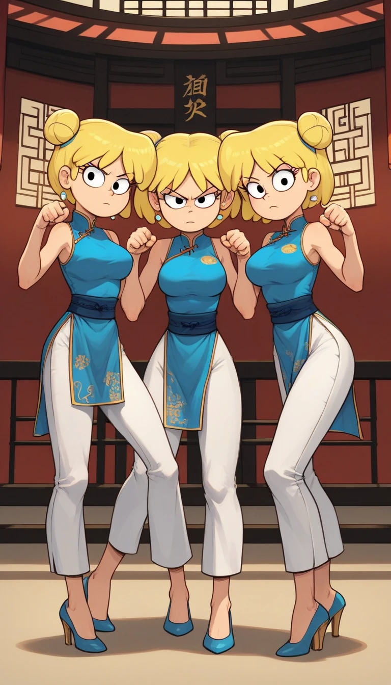 lori loud, 3girl, trio, 24yo girl, blue cheongsam,  inside of a chinese style temple, large breasts, looking at viewer, blonde hair, short hair, two hair buns , hands  score_9, score_8_up, score_7_up, high heels,teep fighting stance,martial arts, long white pants, triplets