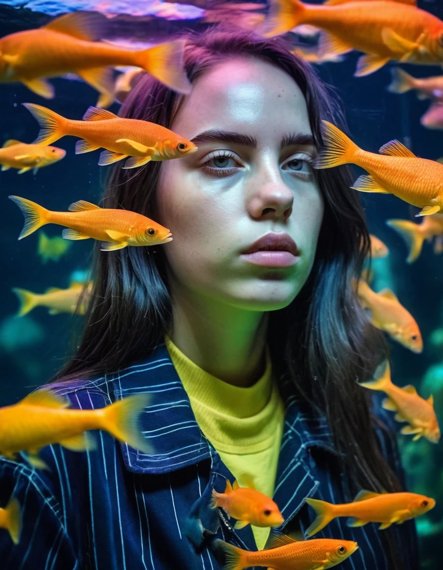 professional fashion close-up portrait photography of a young beautiful ((ohwx woman)) at aquarium during Evening, Nikon Z9, sperm on face