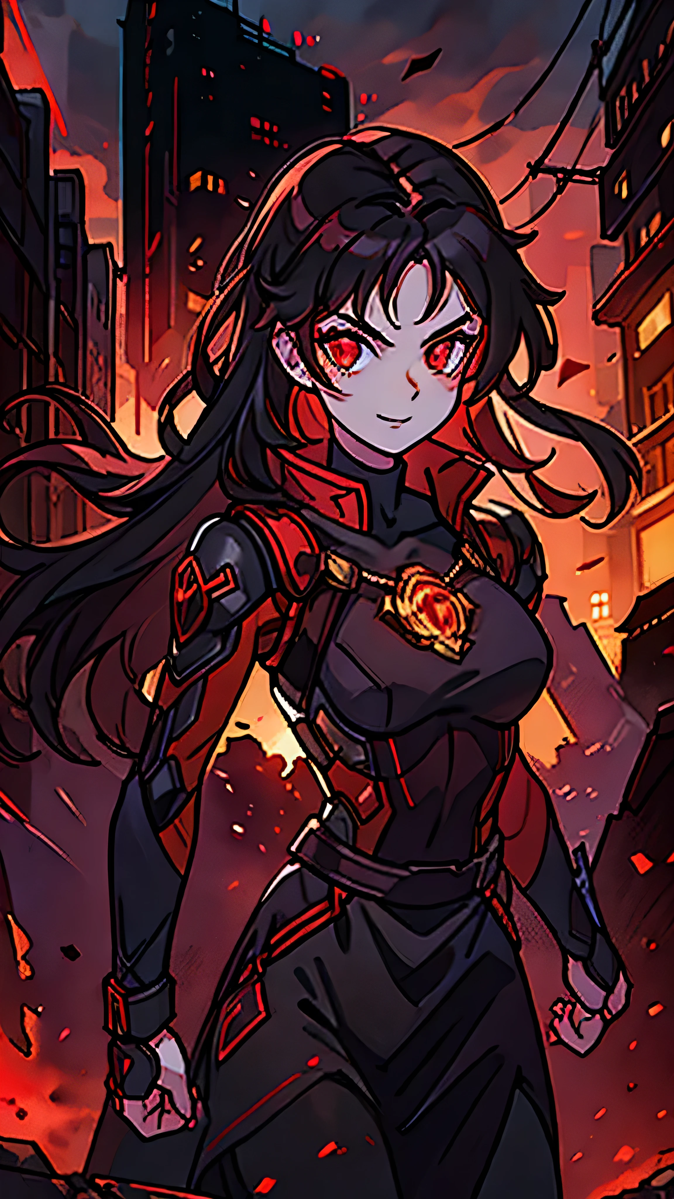 A rebellious female demon with long black hair tipped with red, wearing a dark leather coat over dark clothes, in a dark urban setting. Her skin is pale and has glowing red runic markings, symbolizing a mystical bond. His eyes are intense and red, expressing intelligence and defiance, and she gives a slight smile that reveals her indomitable nature. Her stance is confident and bold, reflecting your independent spirit. The background is a dark city, with buildings shrouded in shadow and a faint, mysterious light around.