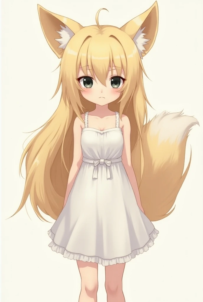 best quality,masterpiece, superdetail, fine fabric , Highly detailed eyes and detailed face , extremely fine and detailed , perfect detail ,A ,whole body,Long blond hair,Eyes with black pupils , in a white dress with a waistband , I look at you a little angry with bulging cheeks, with a pair of fox ears and tail