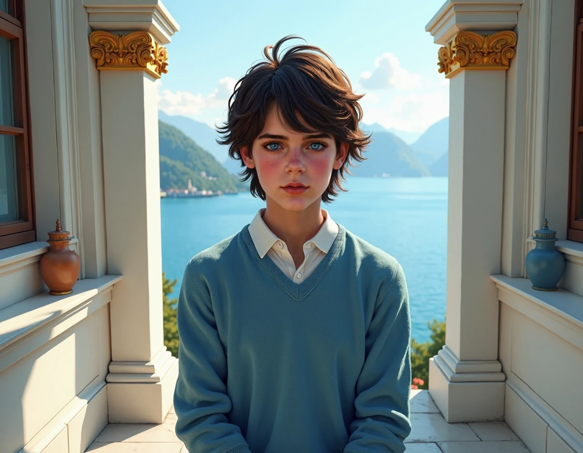 ((Masterpiece)),deactivated,The highest quality, Exquisite painting style, aquarelle, Blue sky, Sweaters, windowsill, illustration, (Twilight), (Cute boy), Pointy ears, Blue, very short saddle brown hair, Fine eyes, Boy, lovely boy,Flat chest,(19 years old),(confuse:0.6),Thin,upper legs,(Solo),[musculature],(Skinny), (Short boxer panties),, Masterpiece, Best quality,, Masterpiece, Best quality,
