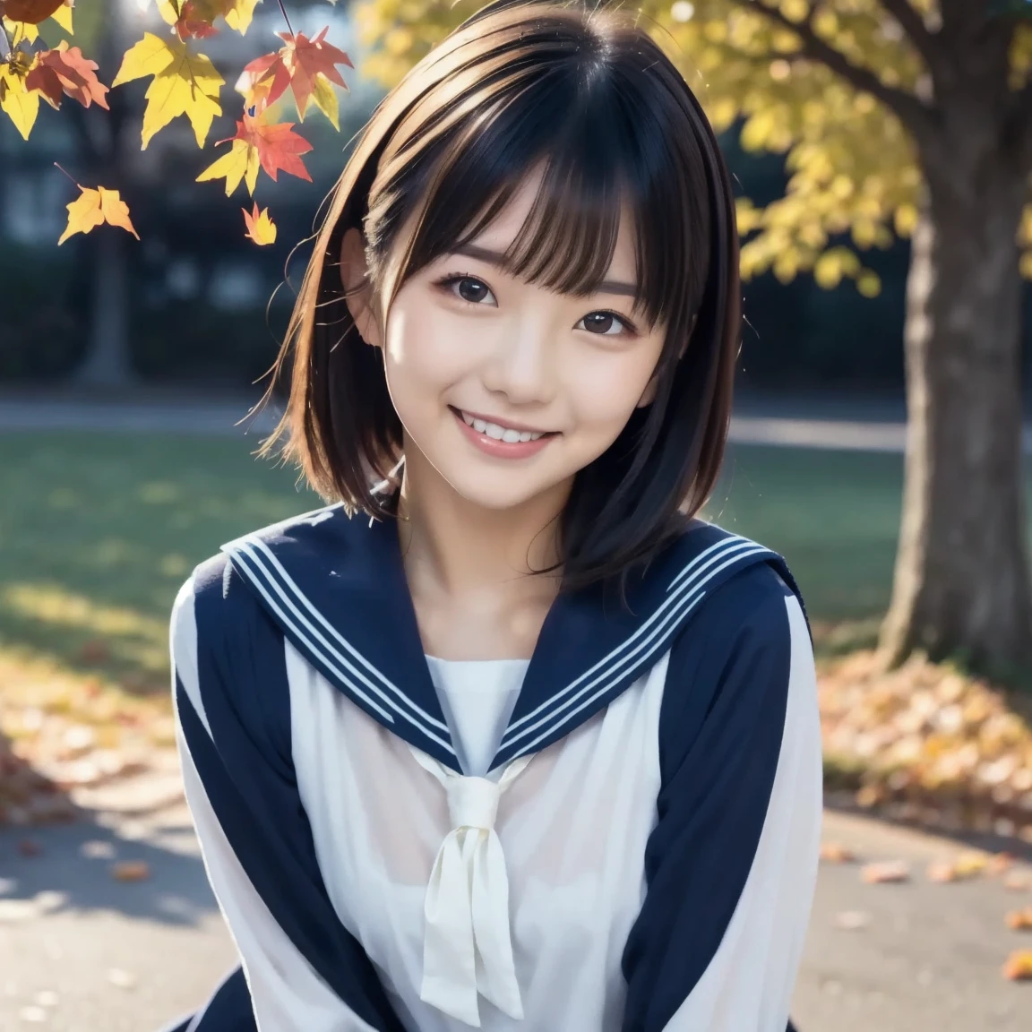 (masterpiece, Best Quality:1.2),  1 girl, Alone,( super cute idol style face),( white shirt , Sailor school uniform,  navy blue pleated skirt with fallen leaves on clothes and head:1.2), Black Hair、Bob Hair、The background is a park, smile　