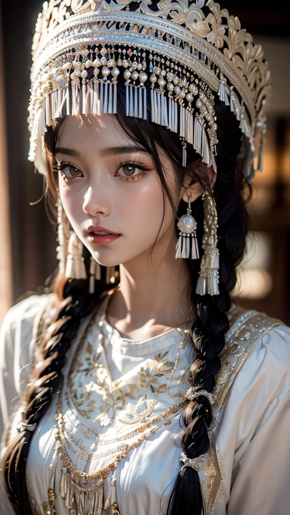 ( Good structure),High dynamic range, Ultra HD,8K, 1 girl at home, Chinese Yi costume , silver metal headdress ,  brown eyes , earrings, have, Jewelry,Yi ethnic metal Jewelry,A huge metal have, headdress metal tassel ,Silver metal have, Lace, Lace trim, Lips, Long hair,  looks at the audience, parted Lips,  alone ,  upper body