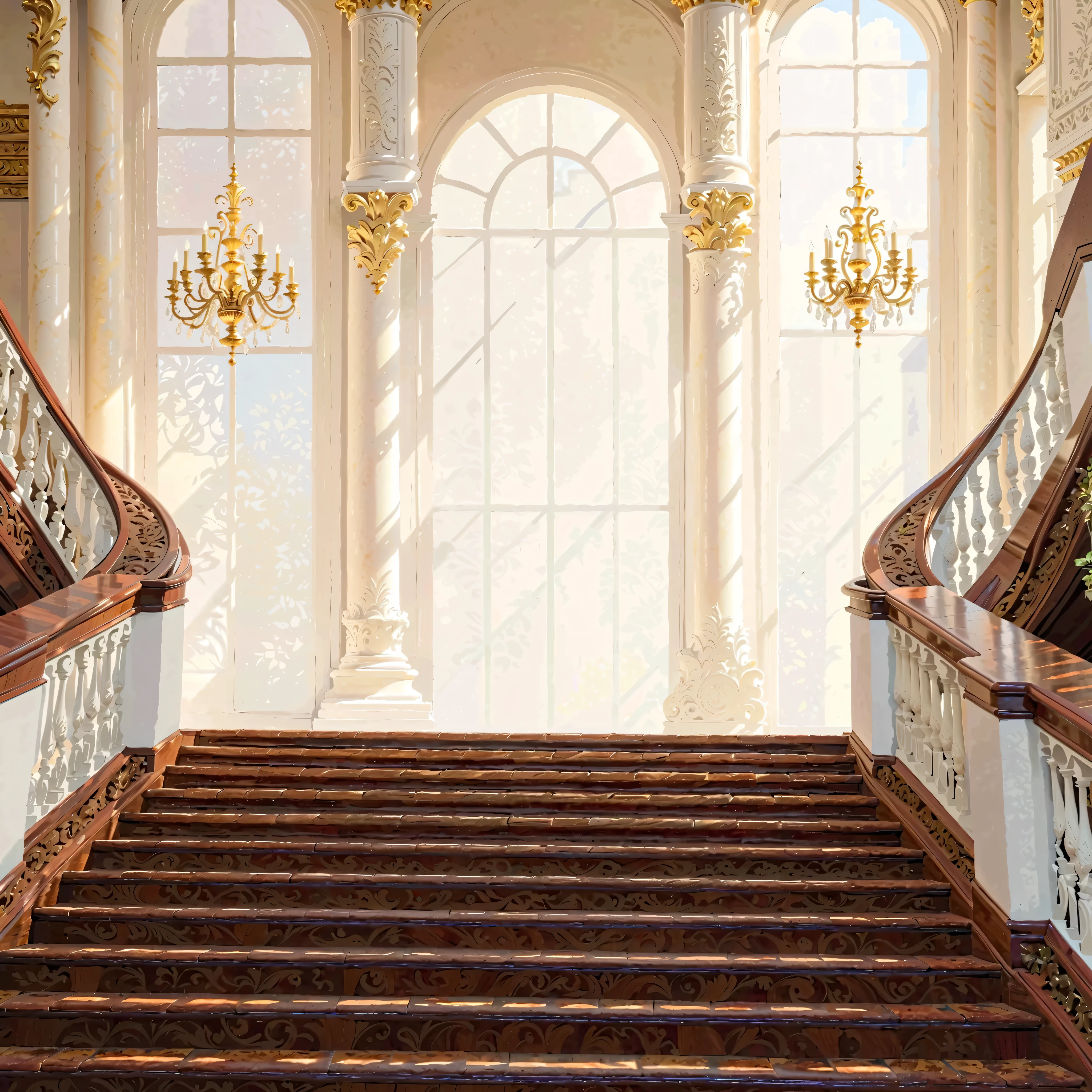  A picture of a palace staircase full of sunshine looking up ，The imposing staircase ， The staircase with a wooden floor ， The stair railings are exquisite European carvings and European carved columns， The staircase faces a large floor-to-ceiling window ， There is a white Roman pillar next to the window ， The staircase has exquisite European carvings ， has a golden European chandelier on the top ，More rich details，UE5 Rendering，3D Rendering，Enhanced light and shadow texture