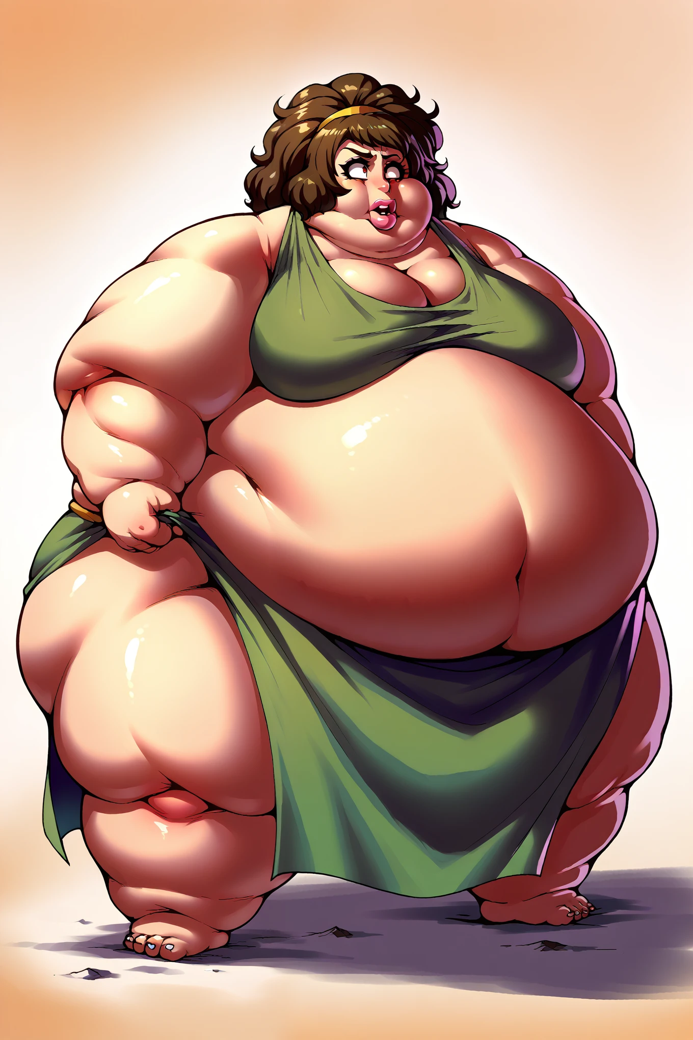 Girl becoming a monster, becoming a troll, fat, chubby, obese, fabric clothes, loincloth , body, kawakami sadayo, brown hair, big ears, big nose, big lips, 900 pounds, 10 ft tall, hunchback, broad shoulders, big belly, gigantic arms and legs, gigantic belly and breasts, extremely fat