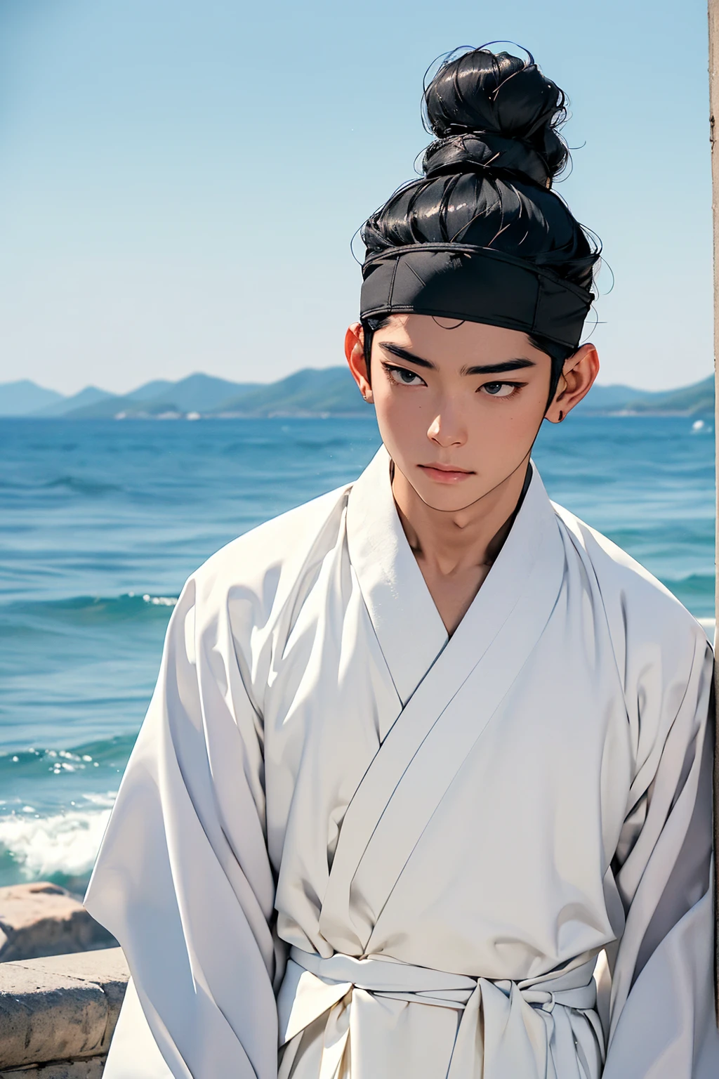 (absurdres, highres, masterpiece, best quality, ultra-realistic,ultra-detailed),(beautiful detailed face and eyes and hair:1.1),handsome,mature,asian man,tall and muscular,broad shoulders,black hair,black eyes,datailed face,topknot,see-through headband,white hanbok,sad,upper body, sea background