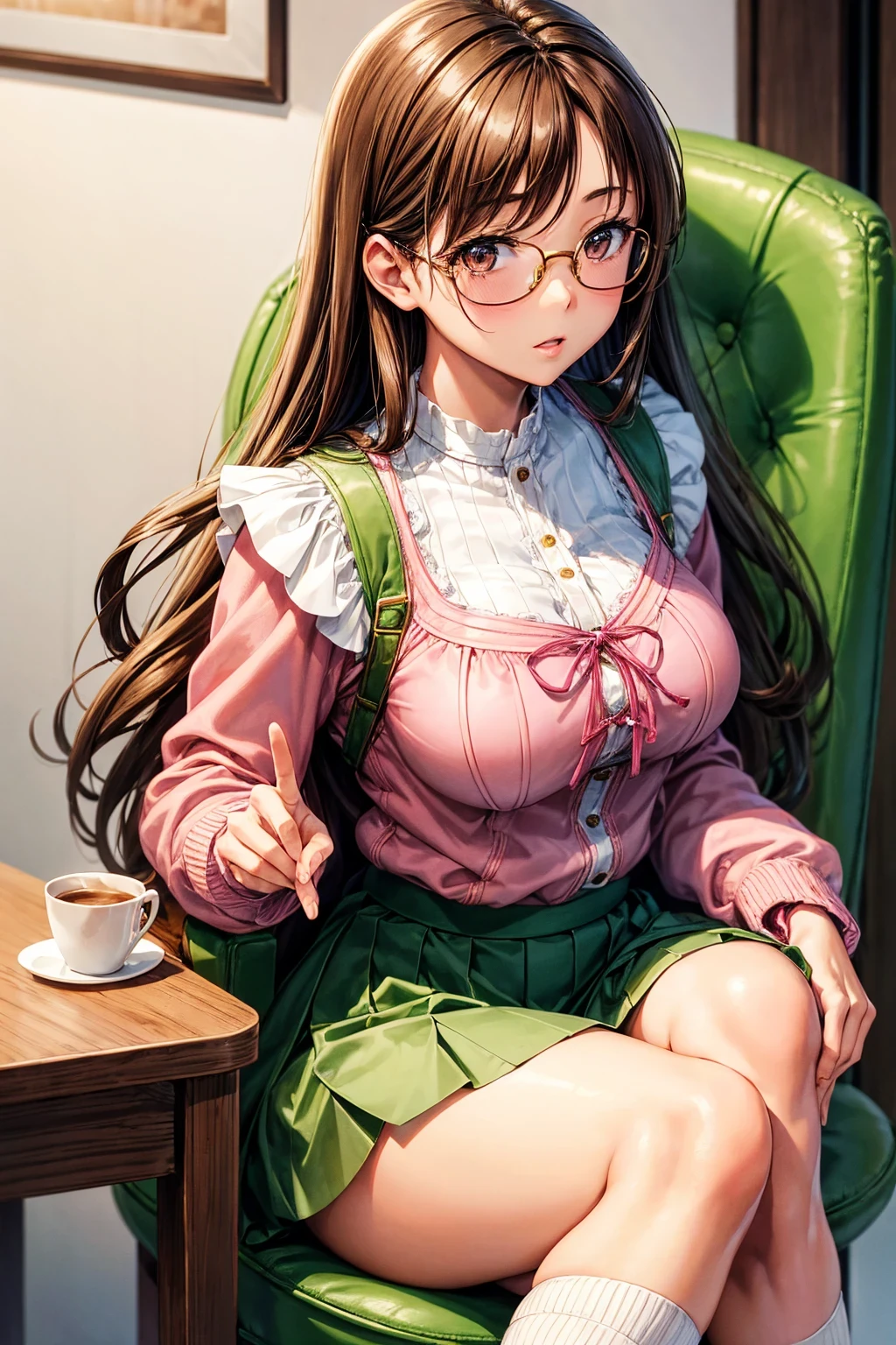 High resolution, high quality, 1 girl, anime girl, brown long hair, brown eyes,heart-shaped pupil, green glasses, tanned skin, big breasts,beautiful breasts,(big ass),beautiful butt,Aqua Cardigan,green dirndl skirt,sitting,at the cafe,