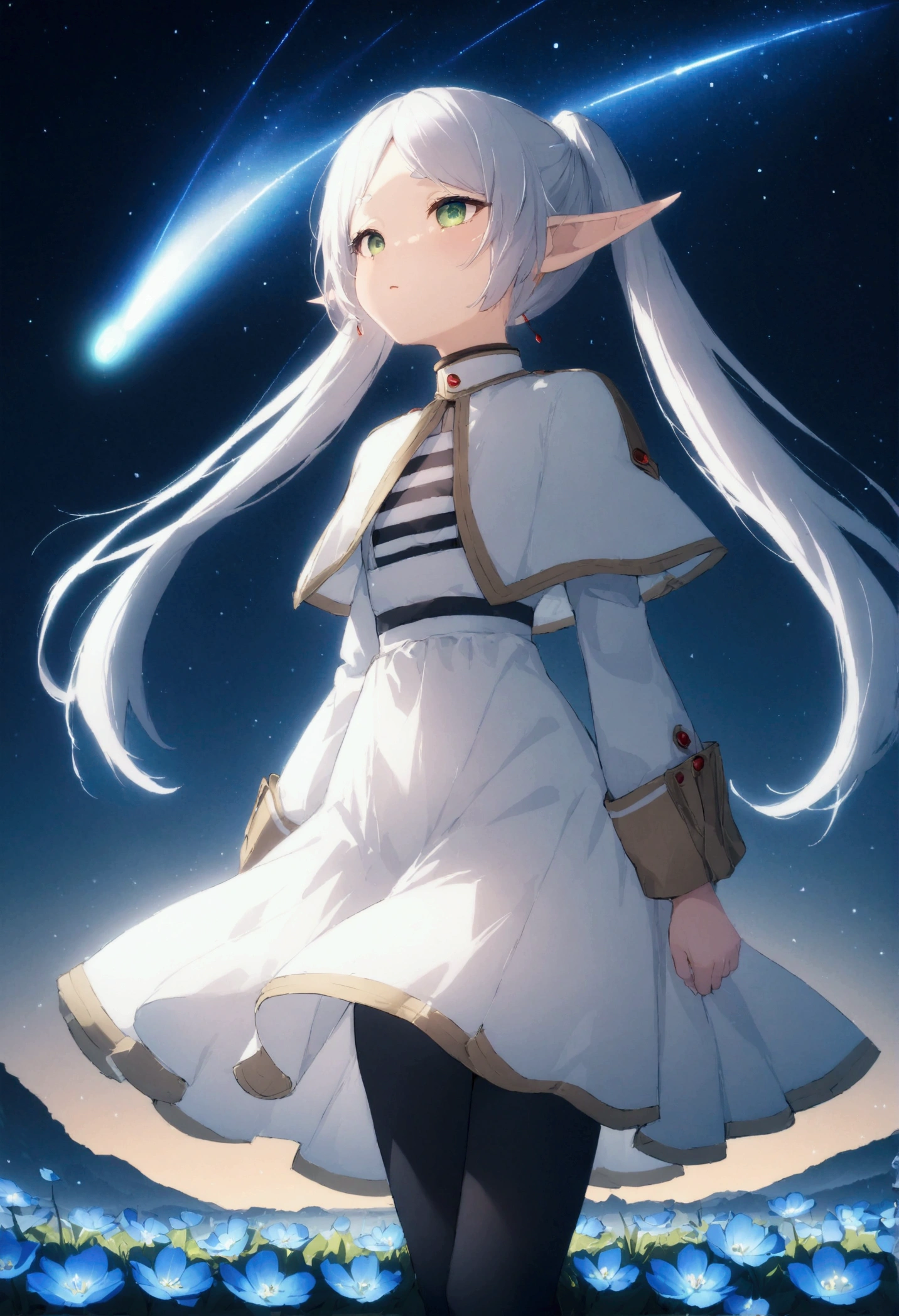  High image quality 、masterpiece、   high quality、Full HD、4K、 standing、 one girl sitting on the ground 、Side view、 Funeral Freelen、 Silver Hair、 twin tails、Green Eyes、Elf Ears、 White Dress 、 striped inner、skirt with gold hem 、Black tights、 flat chest、Blushing cheeks 、 looking up at the sky 、Look Up、smile、Blue Flower Field、Standing in a flower field、The blue petals are flying、Night Sky、 shooting stars、Meteor Shower