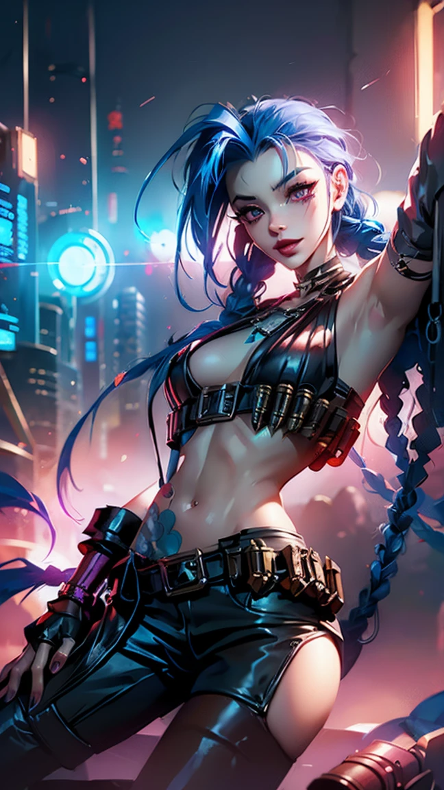 Jinx, illustration, 0MiB, illustrationr,  main part ,  high quality, 8K,  High Res, high detail, cyberpunk background.