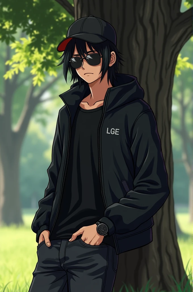 teenage boy, yellow eyes, sharp canines, well-built body, handsome, black hair tied into a messy man-bun, hair drooping over face,
peacefully walking through a forest on a sunny day, alone,
wearing a black leather jacket, black shirt, black jeans, black fingerless gloves, black socks and black leather boots, body covered in scars,
best quality, 4K, UHD, masterpiece,