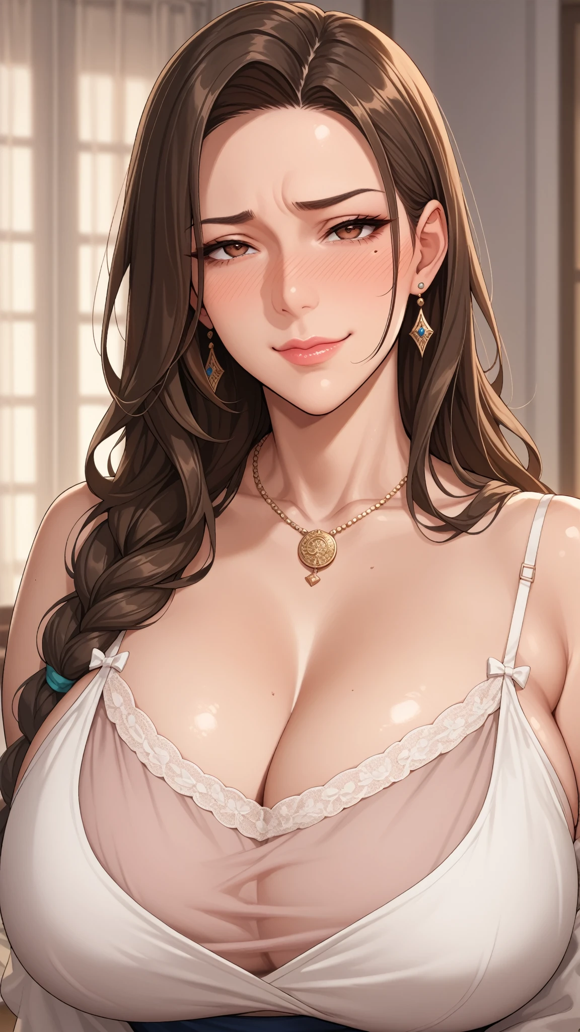 Perfect detail, Special details, highest quality,,expensive,、 Empress,A satisfied smile 、Confident face,Triumphant Face、conceit、わがままEmpress、sense of beauty、Overwhelming Dominance、Overwhelming power、Overwhelming destructive power、Elegant face、Maternal instinct、round face、View Viewer, Brown Hair,Long wavy green hair with bangs, braided,Clear,Super big  , Side bang, Partially exposed forehead, Dark blue eyes, Large, round eyes,Mature Body, Perfect body, Tolerant、Large Breasts,Big Ass.Sweaty body blush, Cleavage.,Gold Jewelry,Gold Bracelet,Gold Collar、 Luxurious crown,, necklace, Pursing your lips、 A light smile, Drunk, expensiveディテール, Depth of written boundary, 1080p, 16k, Awards, High resolution, highest quality, masterpiece, 超High resolution, Anatomically correct, Super detailed、Realistic、Perfect bodyライン、Nipples　Big breasts overflowing from the bra 　World Conquest　emperor　On the bed　naked　Full body image　Charm　Invite the opposite sex　Lie down　During pregnancy　Erotic