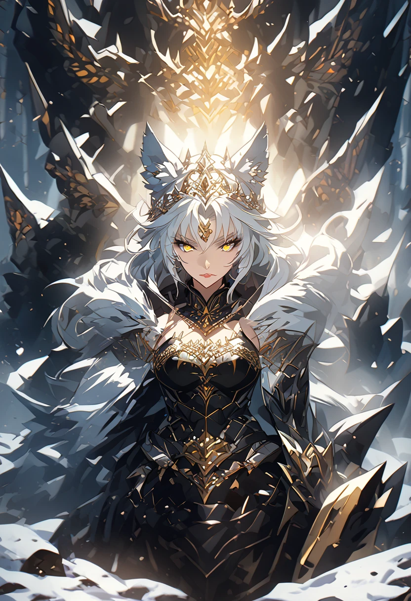 beautiful anime woman in knight armor, wolf ears, wolf tail, half wolf and half human, yellow eye color, white hair, light novel art, detailed anime art, 4k, anime, cute confident expression, warrior, cool, snow, pretty, warrior princess, elegant, regal, royal, sexy, 4k 