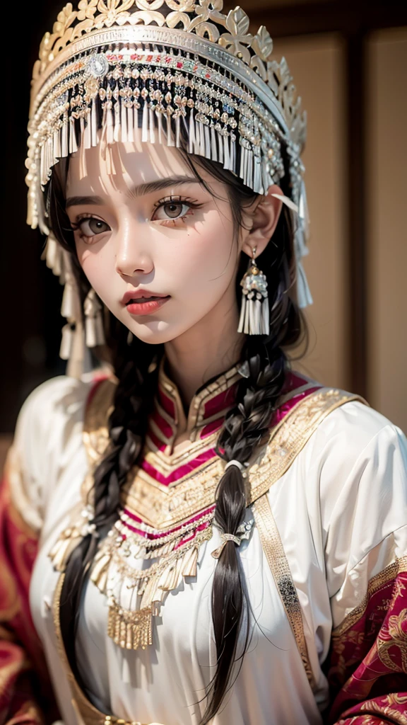 ( Good structure),High dynamic range, Ultra HD,8K, 1 girl at home, Chinese Yi costume , silver metal headdress ,  brown eyes , earrings, have, Jewelry,Yi ethnic metal Jewelry,A huge metal have, headdress metal tassel ,Silver metal have, Lace, Lace trim, Lips, Long hair,  looks at the audience, parted Lips,  alone ,  upper body