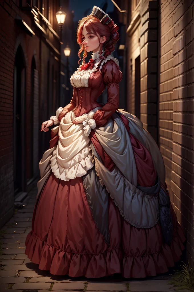 Noble ladies fashion full body in Victorian Era dress red, blue, green a conservative full body pose of a 1910 woman wearing a small hat and business attire and a long skirt , standing in a dark alleyway with gas lighting, a full moon in the background, beautiful character painting,Extremely dark 