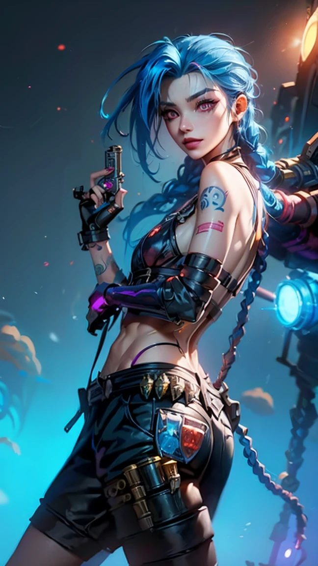 Jinx, illustration, 0MiB, illustrationr,  main part ,  high quality, 8K,  High Res, high detail, cyberpunk background.With a pistol in hand， rocket