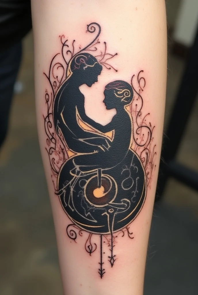 Create 2 animated black love tattoos measuring 6 cm that can be done on the forearm near the wrist for a heterosexual couple where she is a Scorpio and the man is an Aquarius with the date 09/12/23