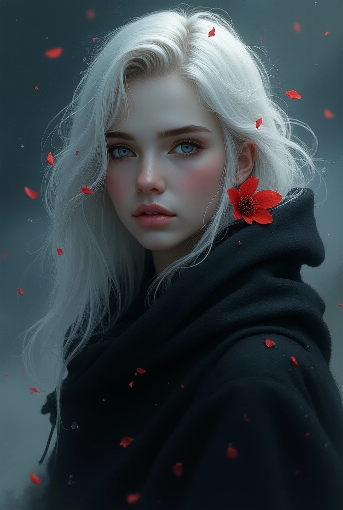 1 woman,solo,((beautiful detailed eyes)), (detailed light),depth of field,(white hair),silver eyes,hair over one eye,(red flower ), hair flower,long hair,black cloak,wet,emotionless,looking back,night,starfall,raining,fog,red flowers falling,sketch,upper body,intense shadows