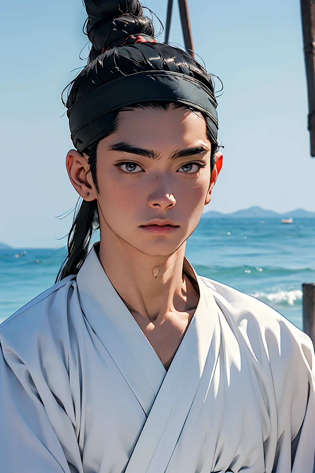 (absurdres, highres, masterpiece, best quality, ultra-realistic,ultra-detailed),(beautiful detailed face and eyes and hair:1.1),handsome,mature,asian man,tall and muscular,broad shoulders,black hair,black eyes,datailed face,topknot,see-through headband,white hanbok,sad,upper body, sea background