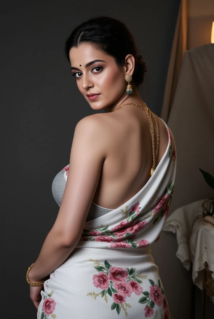 a beautiful woman in a saree, bare back, topless, detailed portrait, highly detailed face, detailed eyes, realistic, photorealistic, 8k, cinematic lighting, bright color tones, glowing skin, intricate fabric details, elegant pose, dramatic shadows, golden jewelry, mystical atmosphere, busty naked , Pooja 