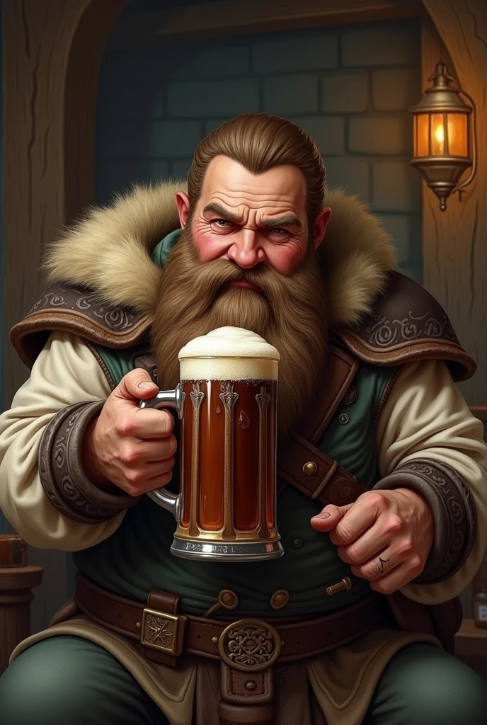  Art illustration of a bearded Viking drinking a beer with a serious face