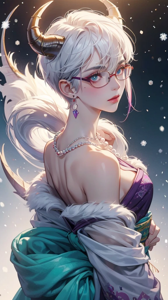 Half-, 20years old, in a luxurious bathrobe, white colored hair, curly hair, The Devil's Purple Eyes, earings, makeup, Shy, surrealism, Futurism, sparkle, optical illusion, From directly above, wide-angle, Masterpiece, anatomically correct, super detaill, High Details, hiquality, Best Quality, 4k