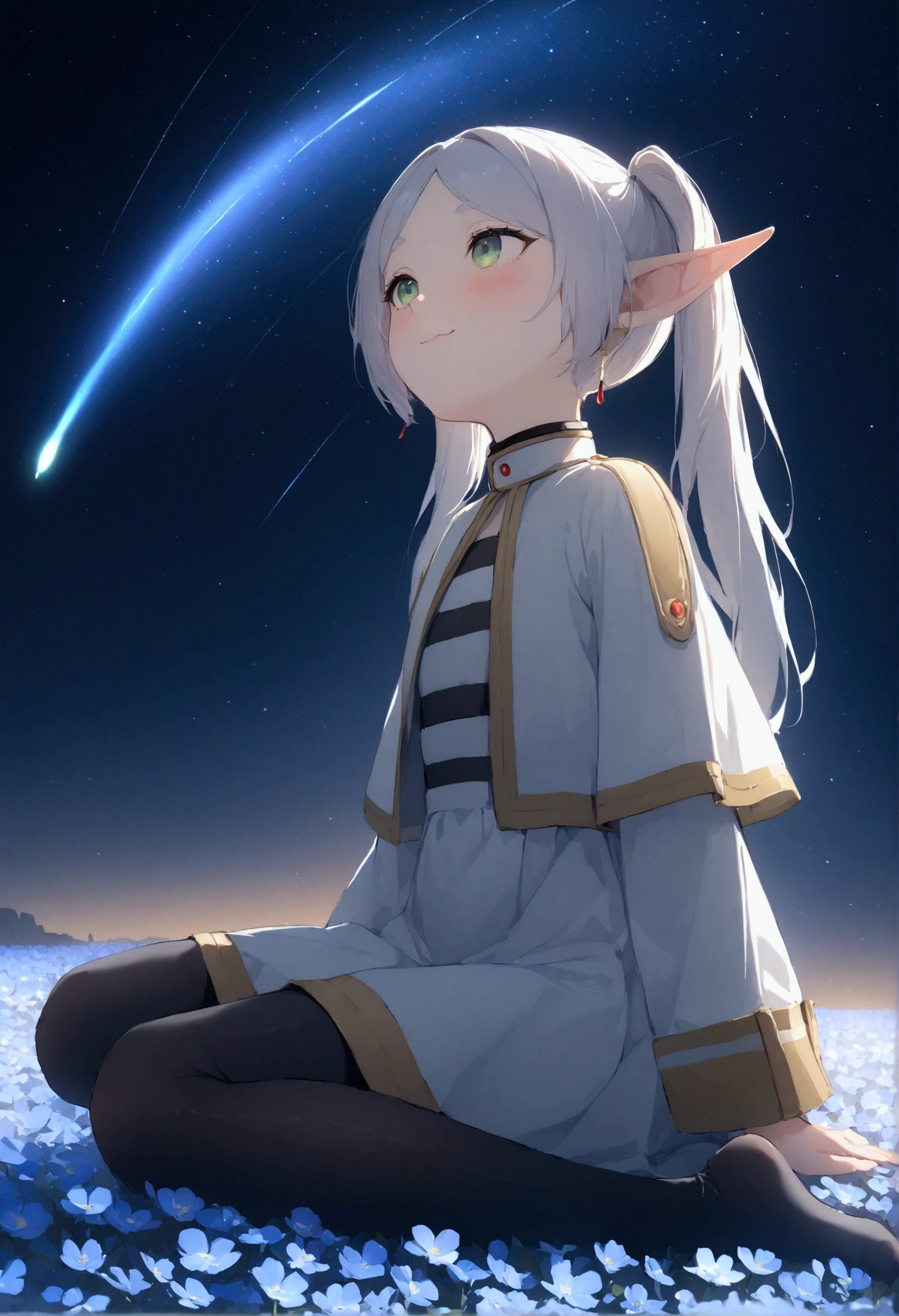  High image quality 、masterpiece、   high quality、Full HD、4K、 standing、 one girl sitting on the ground 、Side view、 Funeral Freelen、 Silver Hair、 twin tails、Green Eyes、Elf Ears、 White Dress 、 striped inner、skirt with gold hem 、Black tights、 flat chest、Blushing cheeks 、 looking up at the sky 、Look Up、smile、Blue Flower Field、Standing in a flower field、The blue petals are flying、Night Sky、 shooting stars、Meteor Shower