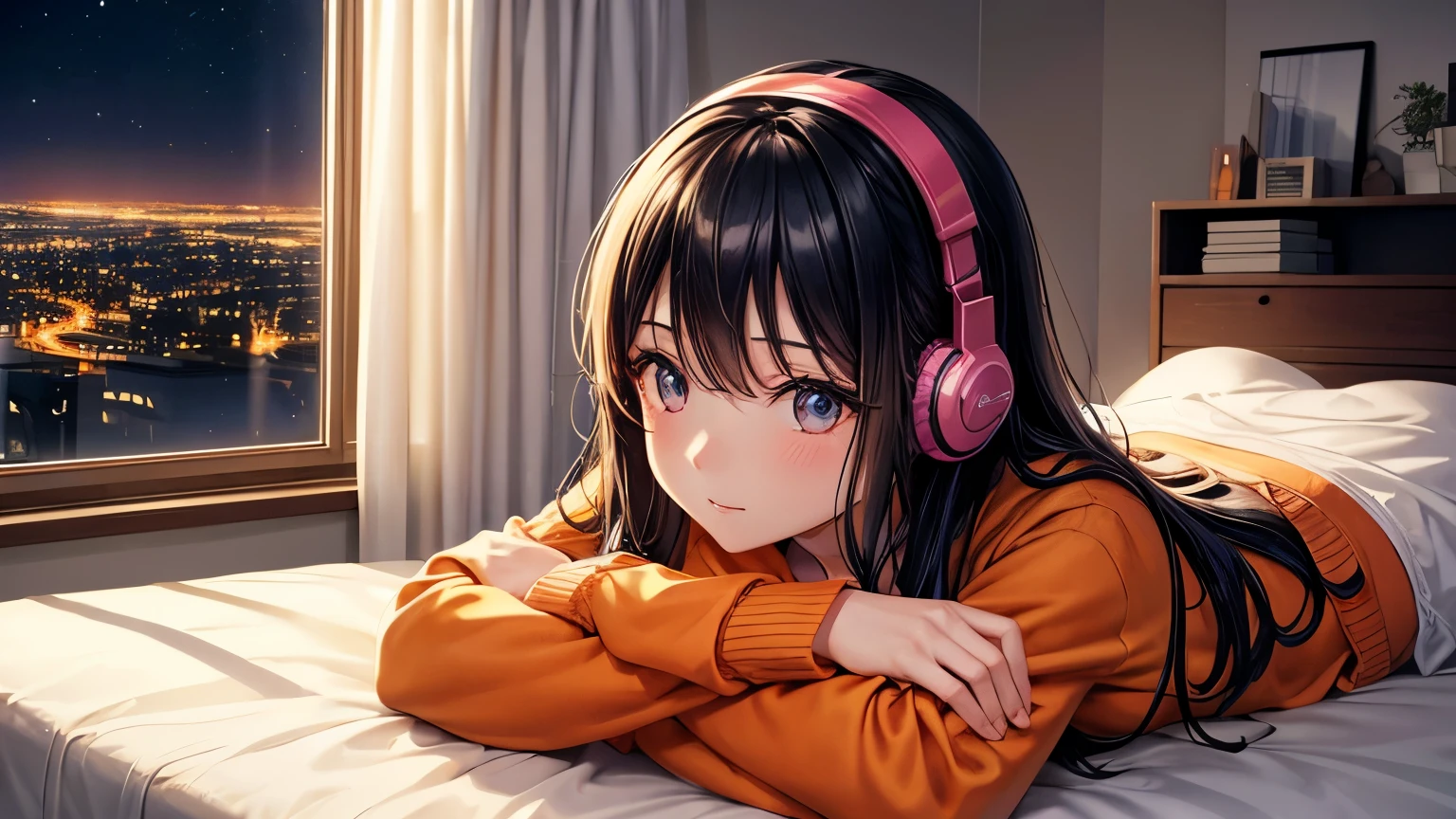 In a room with a night view、 Please draw a scene where a woman is relaxing in bed in a relaxed atmosphere。 she has headphones 、Long black hair、 with beautiful eyes 。 she is wearing an orange cardigan 。 there are soft-light lamps around her 、Outside the window, you can see a night view of the city。The room has a bookshelf 。