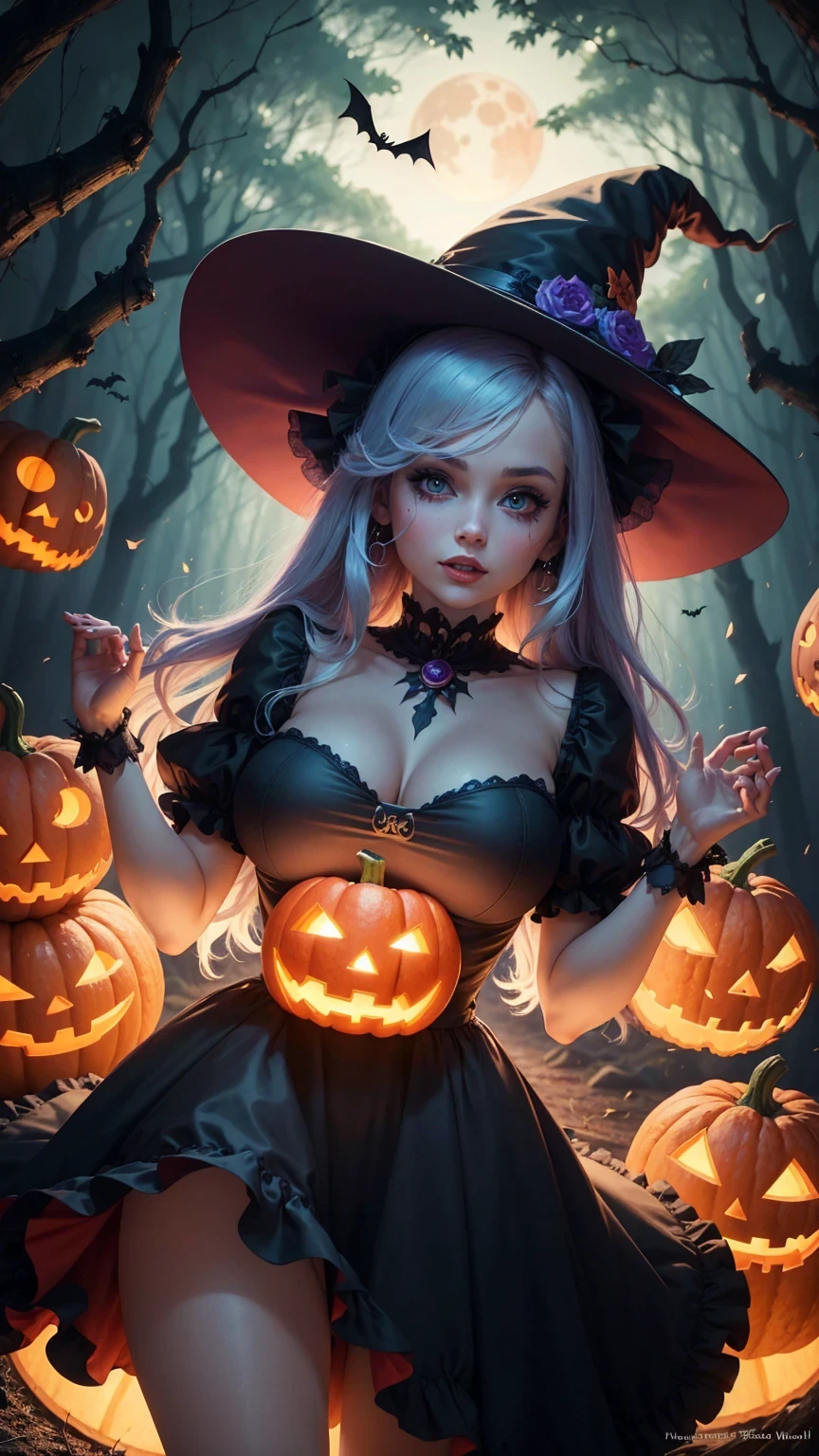 "Tema de Halloween, spooky atmosphere, Creepy lighting, a  girl, dark magician girl en Halloween, Casa embrujada, Jack-o'-linternas, Disfraces espeluznantes, Bats flying, LUNA LLENA EN EL CIELO, Truco o trato, Figuras fantasmales, Sombras misteriosas, Cerveza de bruja, Parche de calabaza, sweet corn, gatos negros."