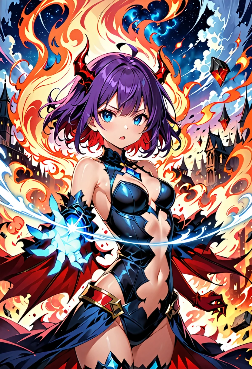 a mystical warrior woman with short red hair, piercing blue eyes, and red dragon-like horns, wings, and tail, wearing intricate dark purple armor with gold plating, wielding a flaming sword and emanating powerful fire magic, disappointed look, dragon tattoo on her stomach, exposed stomach, purple clothes, dragon tattoo, covered breast