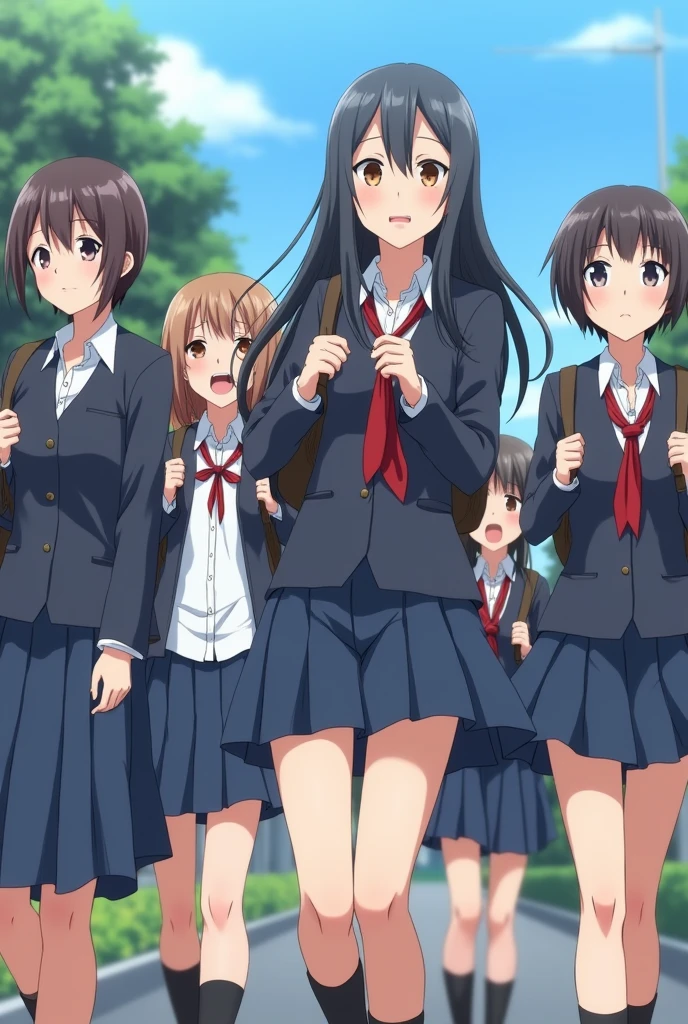 (Three Women:1.5)　,Dark Brown Hair,Black Hair,（Nose Brush:1.7） ,Surprised,(school uniform),（ in full view:1.7),(Extremely high quality),（mini skirt）,nature,garden,Shiny legs, Thighs,Cute face,tall,squat,Wet and see-through